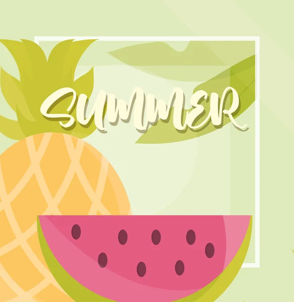 Merhaba yaz afişi, karpuz ve ananas sezonu seyahati konsepti. — Stok Vektör