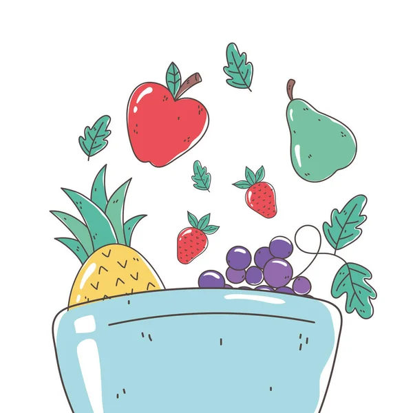 Alimentación saludable nutrición dieta manzana orgánica pera uvas piña bowl — Vector de stock