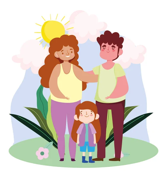 Mamá papá abrazos e hijo en el paisaje, día de la familia — Vector de stock