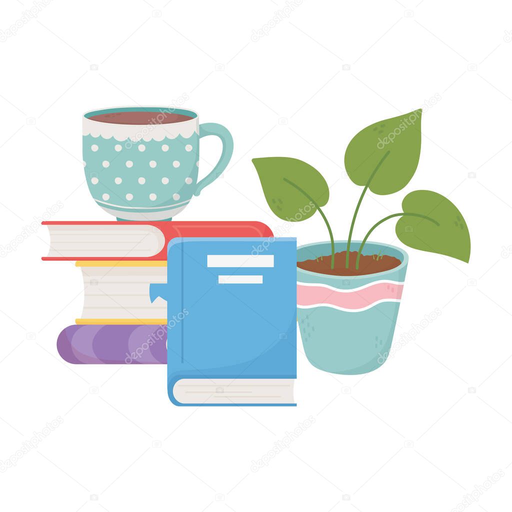sweet home stack of books potted plant and coffee cup