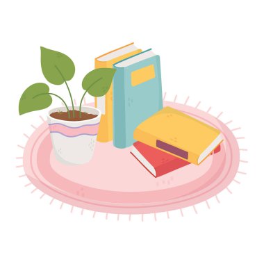 Tatlı ev kitapları halı dekorasyonuna konmuş, izole edilmiş tasarım.