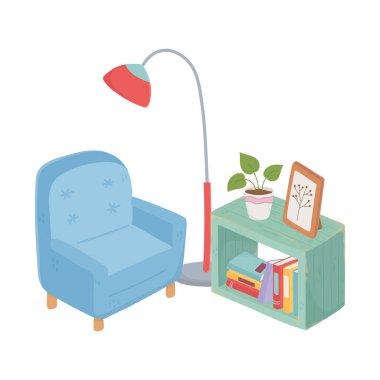 tatlı ev koltuğu lamba çerçeve ve kitap dekorasyonu izole tasarım