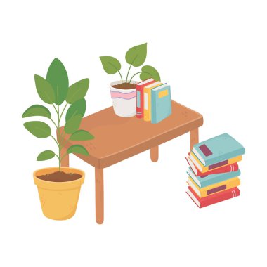 Güzel ev kitapları ve saksı bitkisi masa dekorasyonu izole tasarım