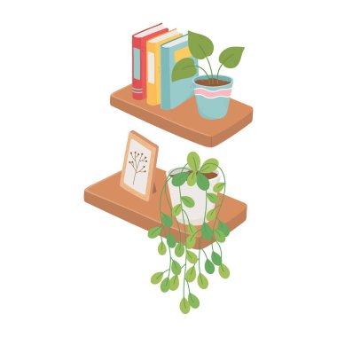 tatlı ev ahşap raflar kitap çerçevesi ve bitkilerin dekorasyonu izole tasarım