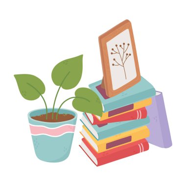 tatlı ev kitapları çerçeve ve saksı dekoru izole tasarım