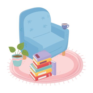Güzel ev koltuğu kitap yığını kahve fincanı saksısı bitkisi