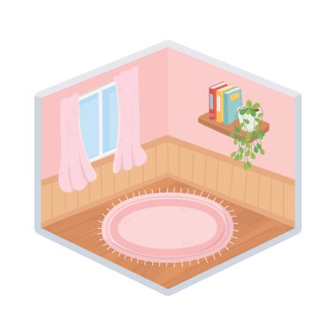 ev odası pencere halısı kitapları ve bitki izole edilmiş ikon tasarımı