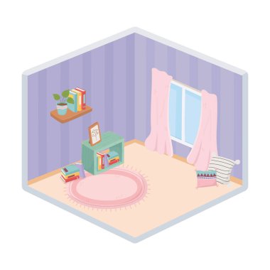 Sweet Home mobilya kitapları çerçeve raf bitki ve pencere dekorasyonu izometrik izole tasarım