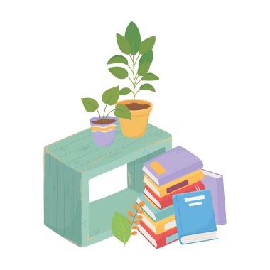 Güzel ev kitapları ahşap mobilyaların üzerine saksılar.