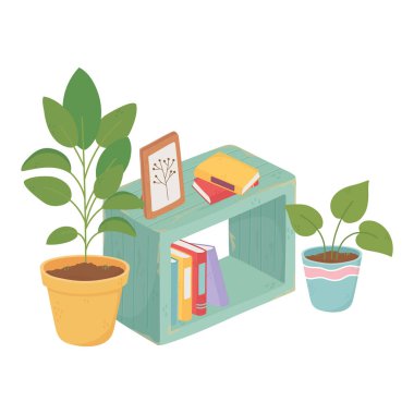 tatlı ev mobilyası kitapları ve saksı bitkisi dekorasyonu izole edilmiş tasarım