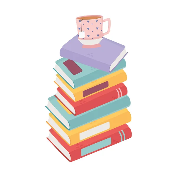 Γλυκό σπίτι στοίβα από βιβλία και διακόσμηση φλιτζάνι τσάι — Διανυσματικό Αρχείο