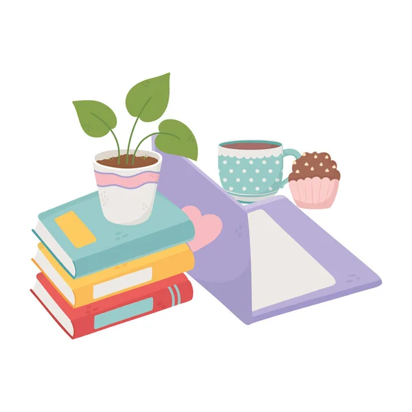 Doce casa laptop xícara de café cupcake pilha de livros vaso planta — Vetor de Stock
