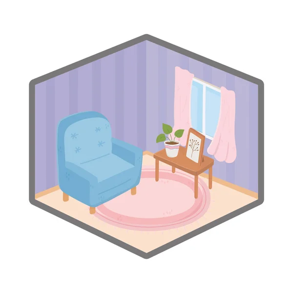 Сладкий стол домашнего кресла с растительным и рамным оформлением окна — стоковый вектор