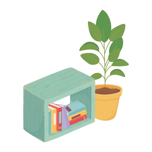 温馨家居木家具书籍和盆栽植物装饰隔离设计 — 图库矢量图片