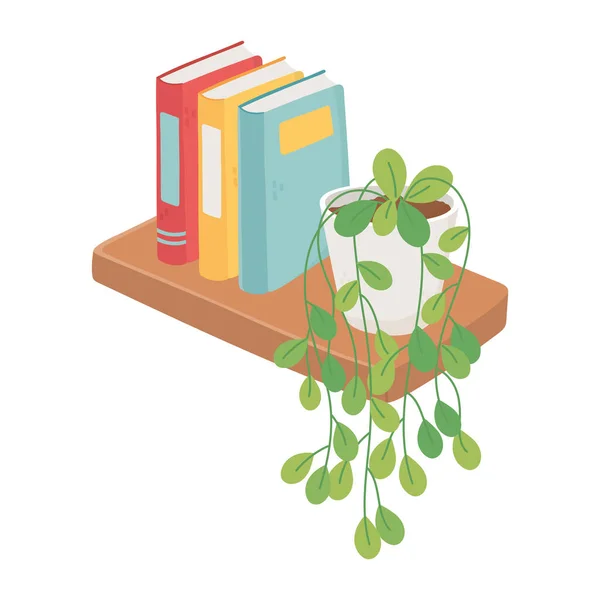 Regal mit Büchern und Topfpflanzendekoration — Stockvektor