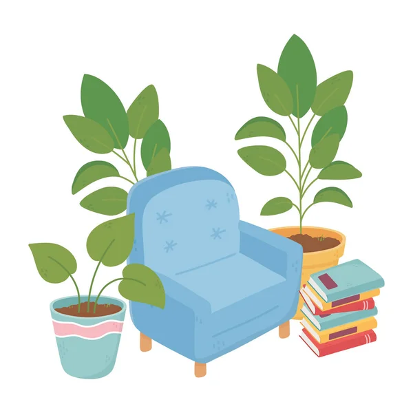 温馨的家庭扶手椅书和盆栽装饰隔离设计 — 图库矢量图片