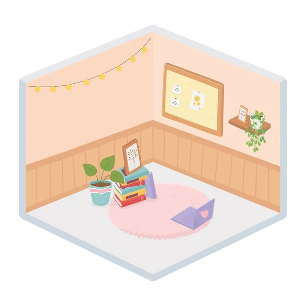 Douce maison chambre tapis ordinateur portable livres pot plante et planche décoration isométrique isolée conception — Image vectorielle