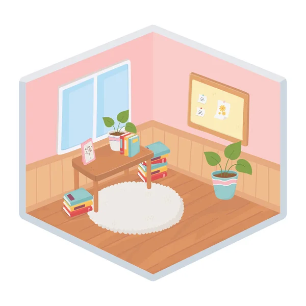Sladký domácí pokoj stůl knihy rostlina koberec rám okno dekorace izometrický izolovaný design — Stockový vektor