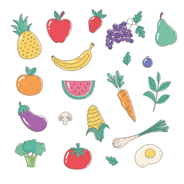Egészséges táplálkozás organikus gyümölcsök zöldségek paradicsom alma ananász sárgarépa hagyma tojás padlizsán brokkoli — Stock Vector
