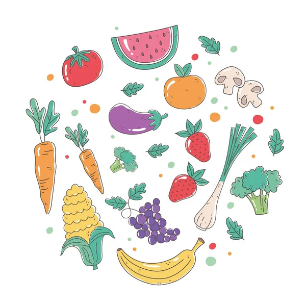 Alimentación saludable nutrición frutas frescas ecológicas verduras cosecha comida — Vector de stock