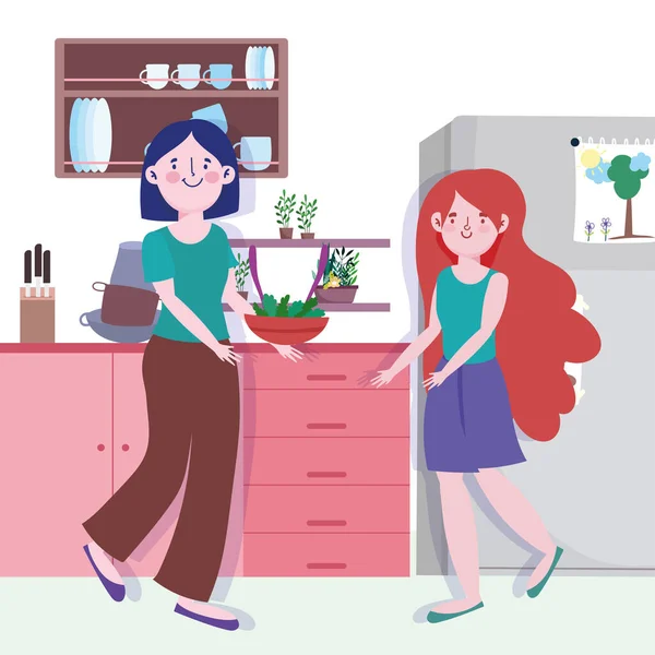 Люди готують, жінка і дівчина з овочами на куховарській кухні — стоковий вектор
