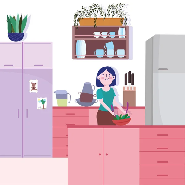 Люди приготовления пищи, женщина с овощами в миске кухни — стоковый вектор