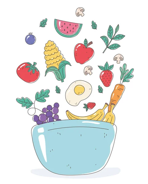 Υγιεινή διατροφή διατροφή βιολογικά αυγά καρότο καλαμπόκι μήλο τομάτας μπολ πιάτο — Διανυσματικό Αρχείο