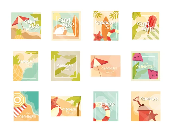 Hallo zomer banner, seizoen vakanties reizen typografie pictogrammen ingesteld — Stockvector