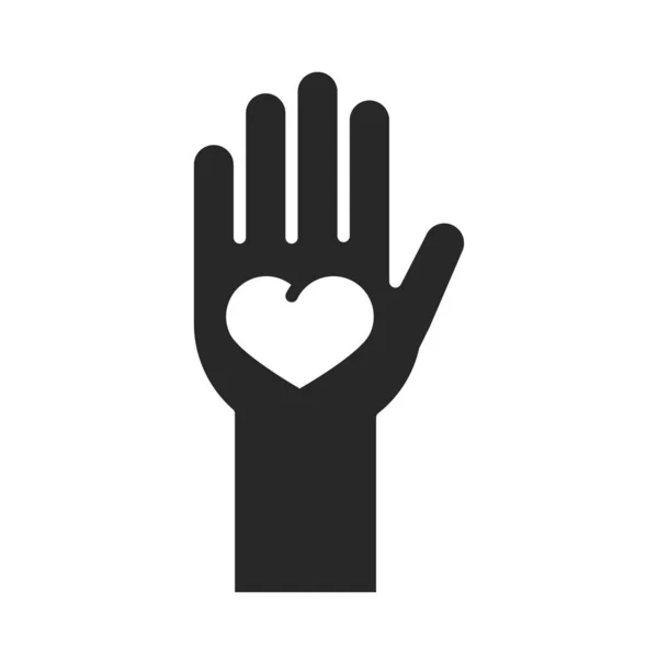 Donación de voluntarios de caridad ayudan a la mano social con el corazón en silueta de palma icono de estilo — Archivo Imágenes Vectoriales