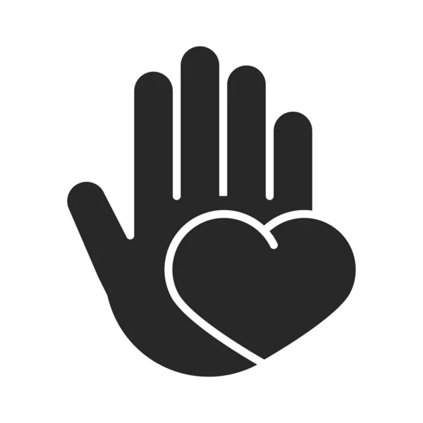 Пожертвования благотворительный волонтер помочь социальной руки с сердцем любовь силуэт стиль икона — стоковый вектор
