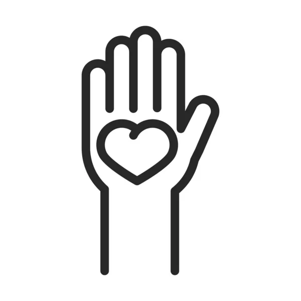Donación de voluntarios de caridad ayudan a la mano social con el corazón en la línea de la palma icono de estilo — Archivo Imágenes Vectoriales