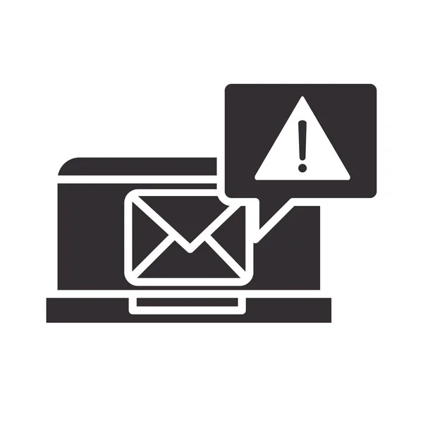 Varning ikon, bärbar dator e-postmeddelande varning, uppmärksamhet fara utropstecken försiktighet siluett stil design — Stock vektor