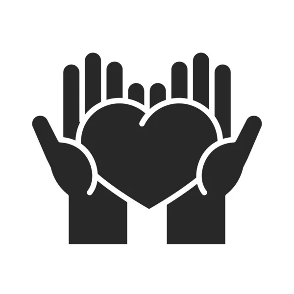 Donativo voluntario ayuda a las manos sociales con el corazón amor silueta icono de estilo — Vector de stock