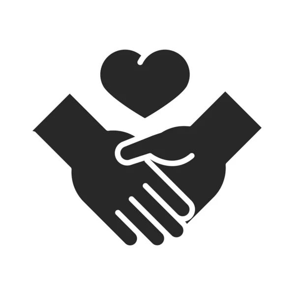 Relawan amal sumbangan membantu berjabat tangan sosial hati cinta ikon gaya siluet - Stok Vektor