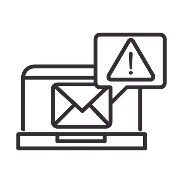Icono de alerta, advertencia de mensaje de correo electrónico portátil, atención peligro exclamación signo de precaución, diseño de estilo de línea — Vector de stock