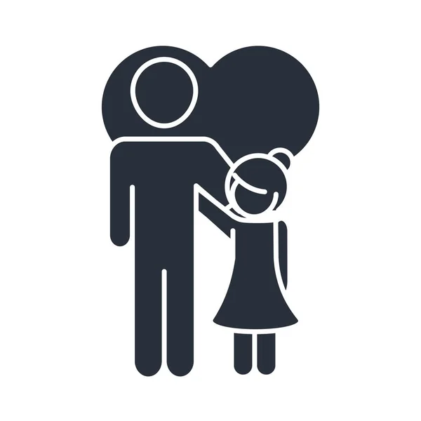 Отец и дочь обнимаются в любви сердце семейный день, икона в силуэт стиле — стоковый вектор
