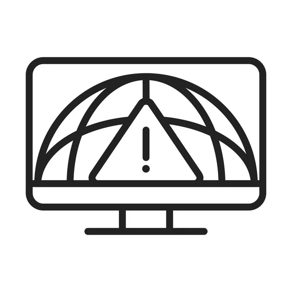 Cyber security and information or network protection computer world warning sign line icon — стоковый вектор