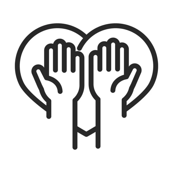 Donazione volontariato di beneficenza aiutare le mani sociali in icona stile linea del cuore — Vettoriale Stock
