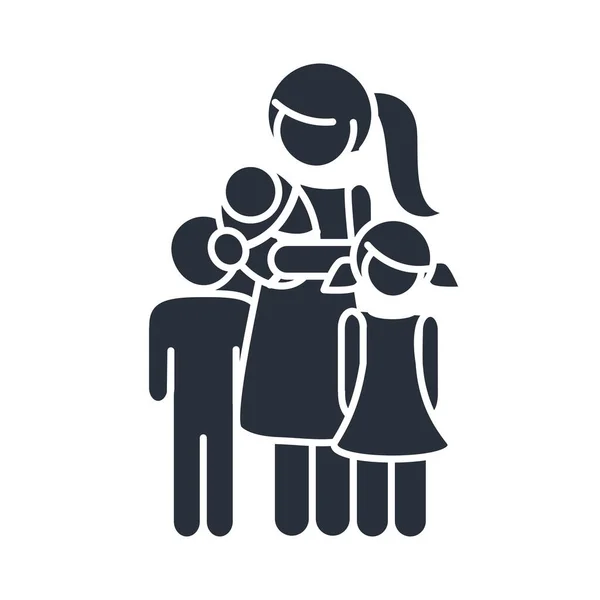 Mãe com bebê filho e filha juntos dia da família, ícone no estilo silhueta —  Vetores de Stock