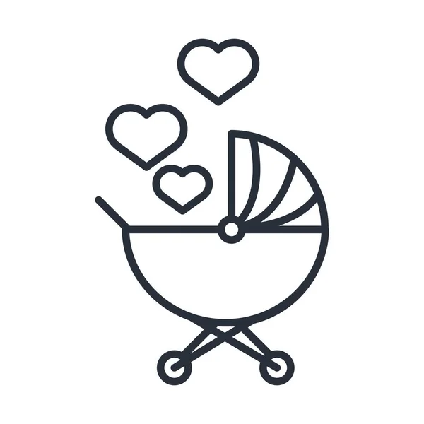 Cochecito de bebé con corazones de amor día de la familia, icono en el estilo del esquema — Vector de stock