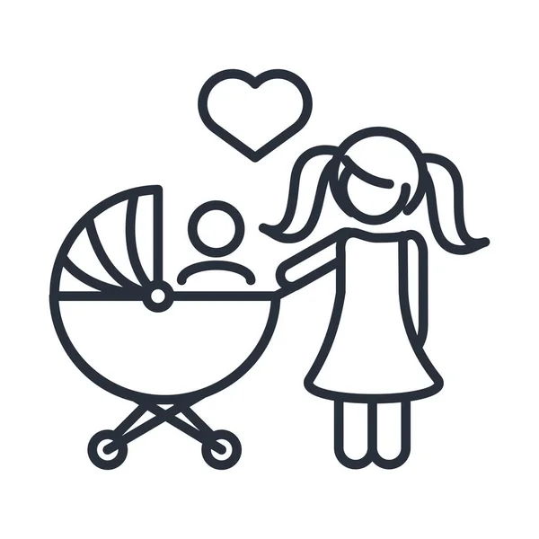 Pequena filha com bebê no dia da família de carrinho, ícone no estilo esboço — Vetor de Stock