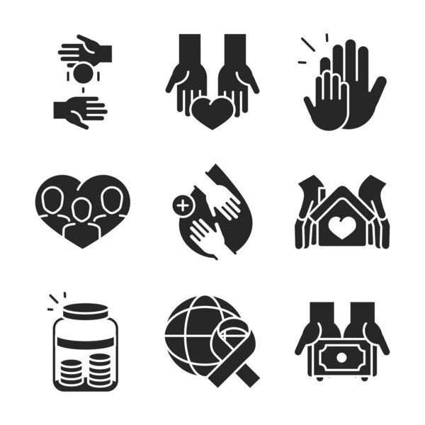 donation charity volunteer help social assistance icons collection silhouette style