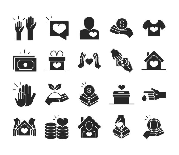 donation charity volunteer help social assistance icons collection silhouette style