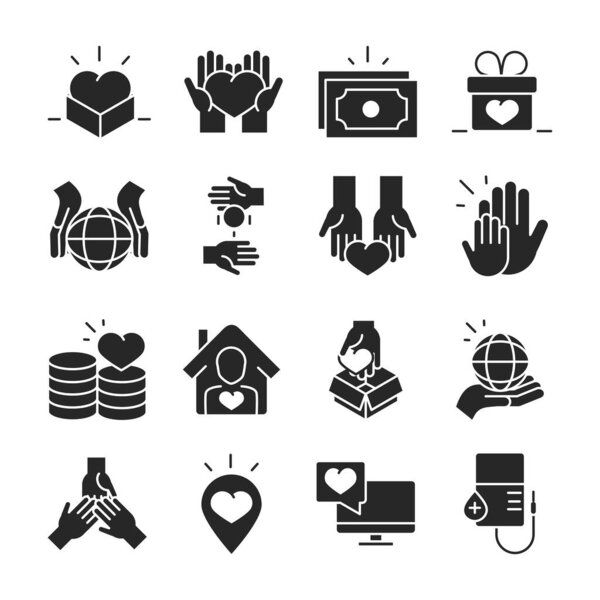 donation charity volunteer help social assistance icons collection silhouette style