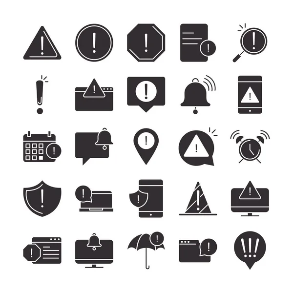 Alert, attention danger exclamation mark precaution silhouette style design icons set — Stock Vector