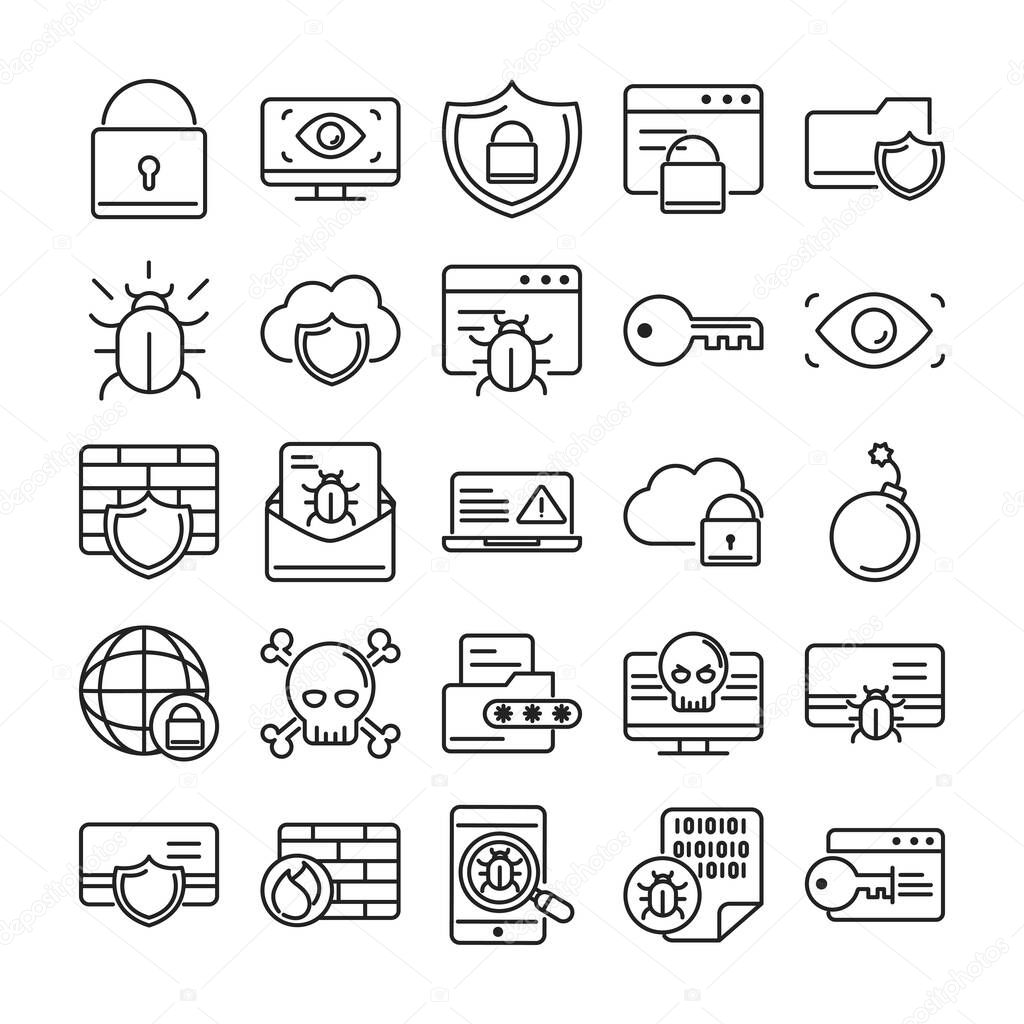 cyber security and information or network protection icons set line style