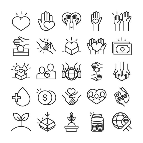 donation charity volunteer help social assistance icons collection line style