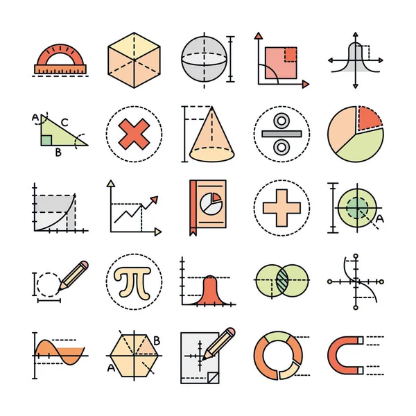 Matemáticas educación escuela ciencia iconos colección línea y estilo de relleno — Vector de stock