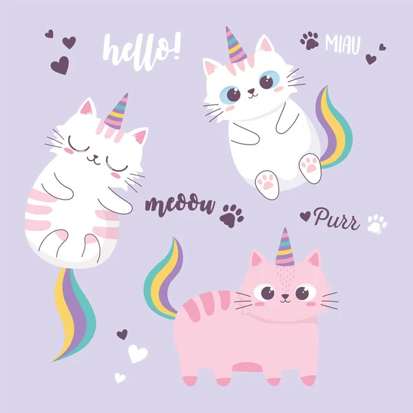 Lindo gatos arco iris y cuernos adorable dibujos animados animal divertido carácter — Vector de stock