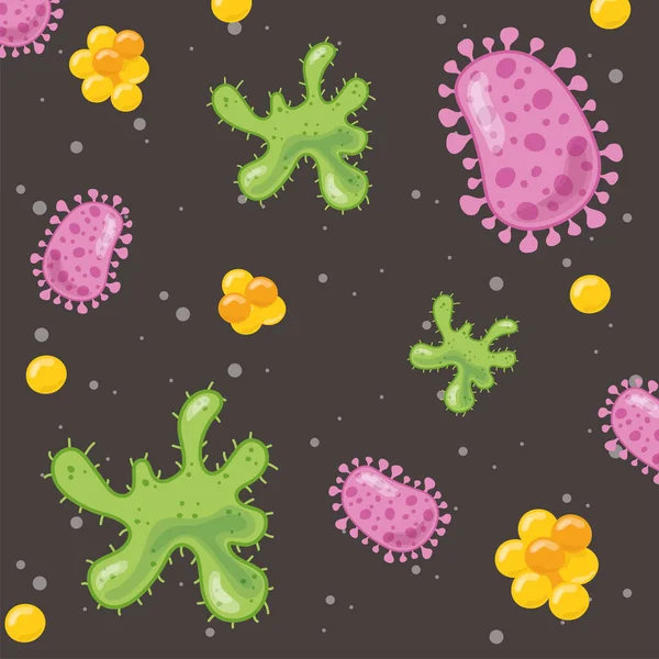 Coronavirus covid 19 och virus bakgrund med sjukdomsceller bakterier svart bakgrund — Stock vektor
